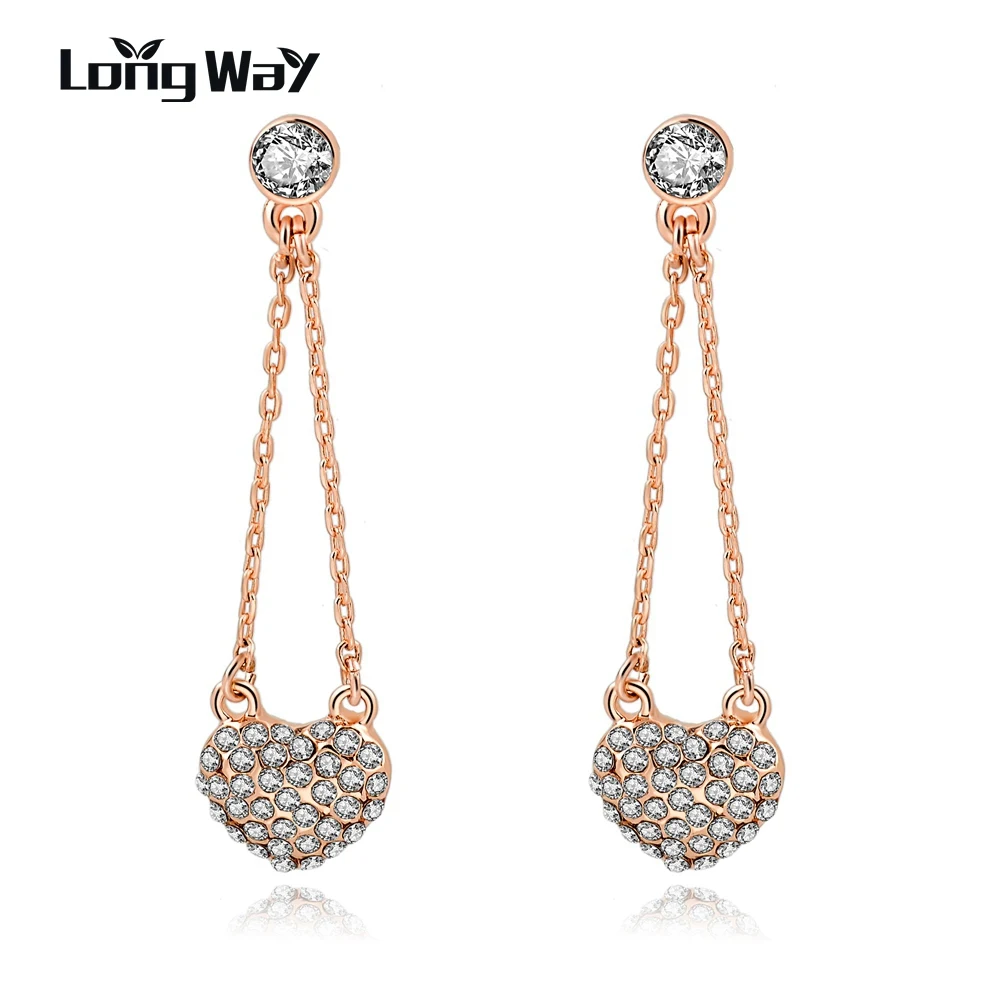 Длинные серьги с кристаллами в форме сердца розовое золото Новое поступление