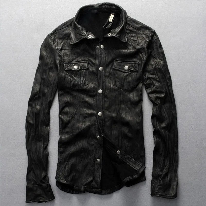2017 Мужская тонкая рубашка из натуральной кожи мягкие рубашки овечьей черная