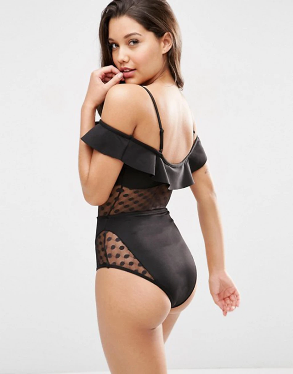 2018 г. пикантные женский черный Кружево прозрачный с плеча Одна деталь купальник