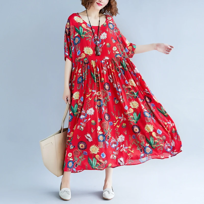 Uego Holiday Beach Casual Dress Thin Soft Cotton Linen Print Floral Plus Size 5XL 6XL Loose Summer Women Long Maxi | Женская одежда