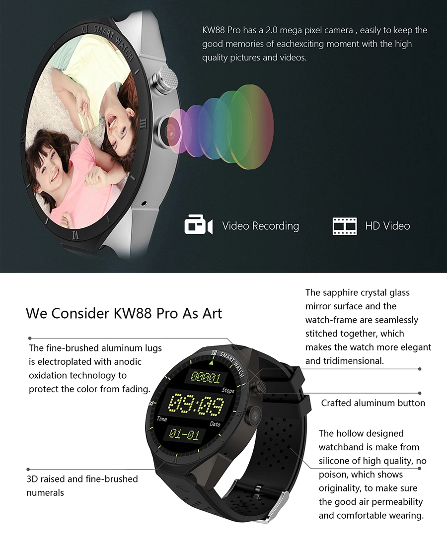 Kospet KW88 PRO 1,3" Bluetooth 4,0 Android 7,0 4 ядра Сенсорный экран 1 Гб оперативной памяти, 16 Гб встроенной памяти, MTK6580 gps Носимых устройств 3g Смарт-часы-телефон