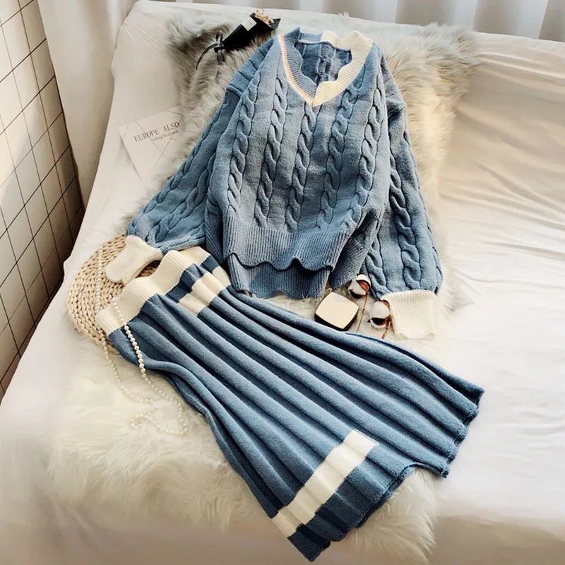 blue Новинка, Женский комплект из 2 предметов, юбки с оборками и v-образным вырезом, вязаные свитера с рукавами-фонариками и плиссированные свободные юбки, женские элегантные костюмы - Цвет: blue