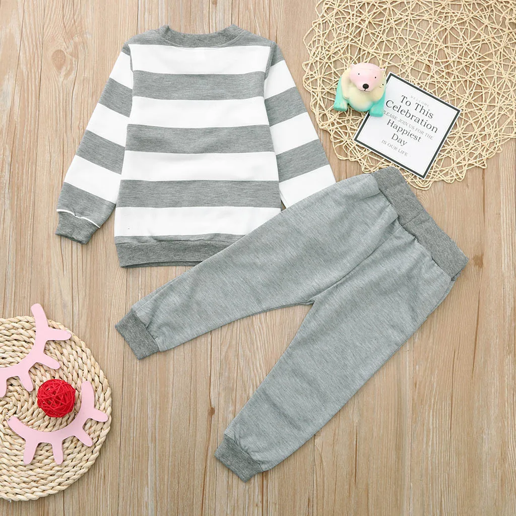Toddler Kids Baby Boy Cartoon Striped Bear Printed Tops Pants Outfits Set | Детская одежда и обувь