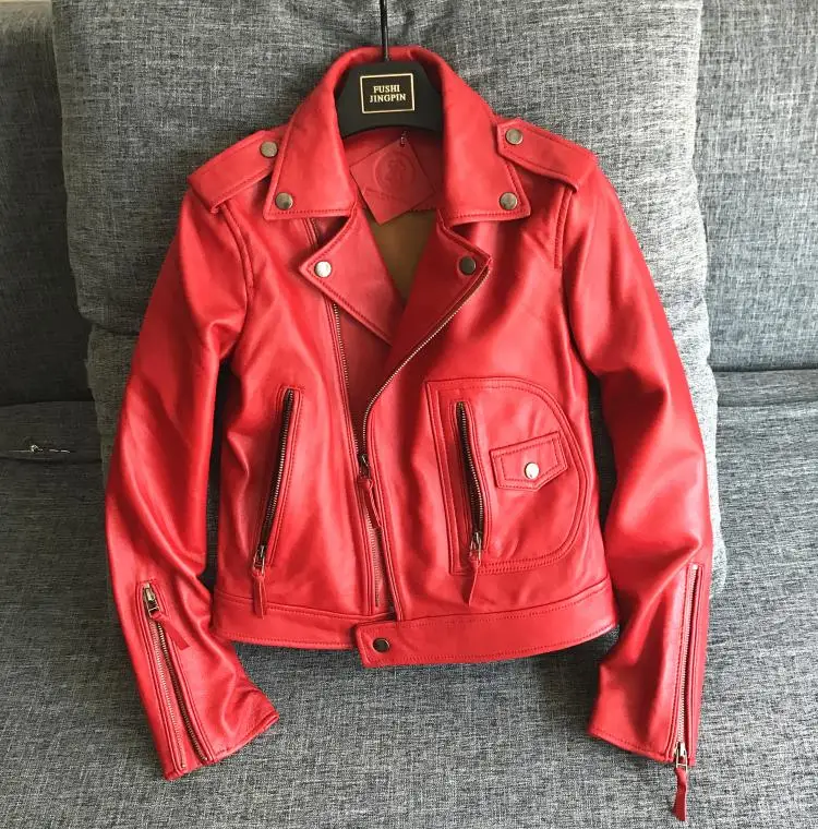 Factory 2017 New Women's Real Natural Sheep Skin Genuine Leather Jacket Fashion Red/Black Slim Short Ladies Biker Jackets