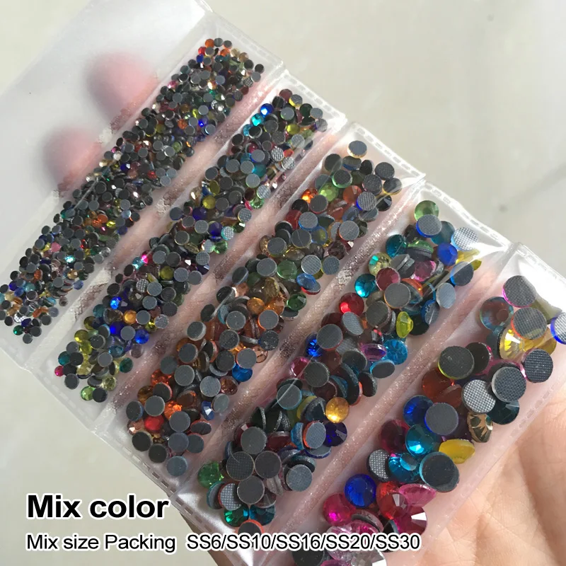 

New Packing 1200pcs/lot Mix color Hotfix rhinestone Mixed size SS6-SS30 Crystals and Stones for Wedding Dress free ship