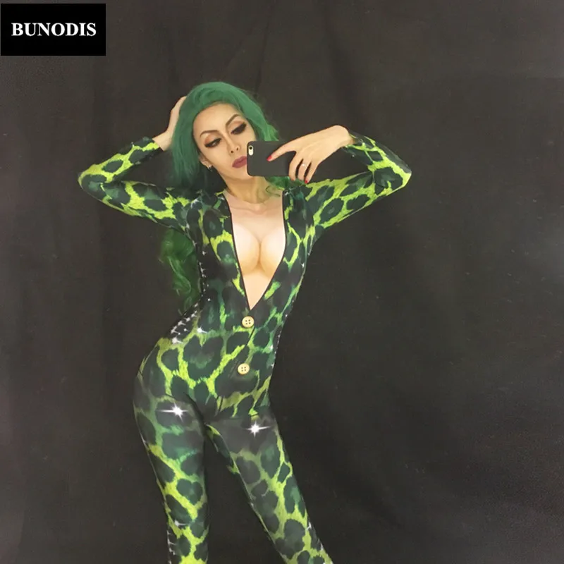 ZD143 Green Women Sexy Jumpsuit 3D Printing Nightclub Party Bodysuit Stage Wear Singer Dancer Costume