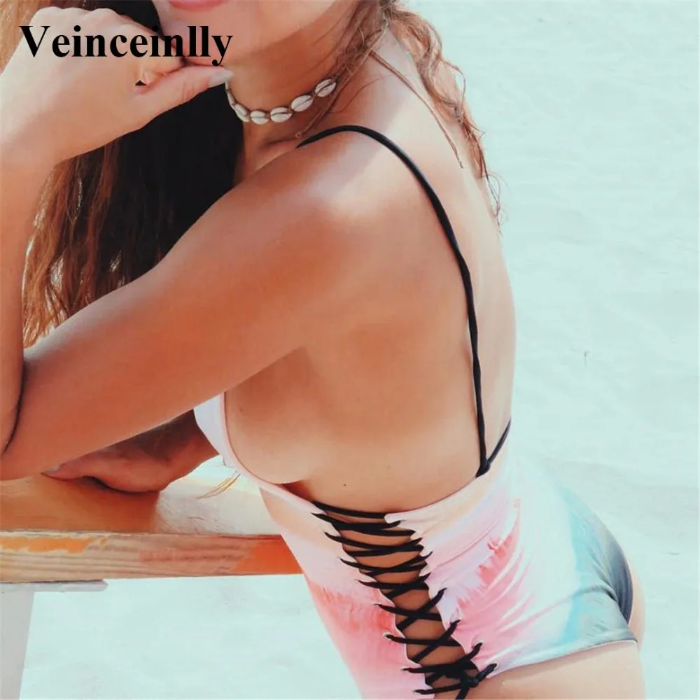 Sexy Lace Up One Piece Swimsuit Women Swimwear Female 2018 Bather V Neck Bathing Suit Swim Wear Colorful Monokini Lady Y1034 | Спорт и