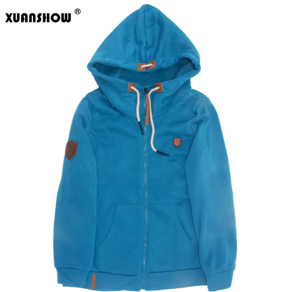 Blue XUANSHOW Женский мода руно толстовки свитшот женский Повседневная Спортивные костюмы твердый Длинный рукав Застегнуть Одежда Плюс размер S-5XL - Цвет: Blue