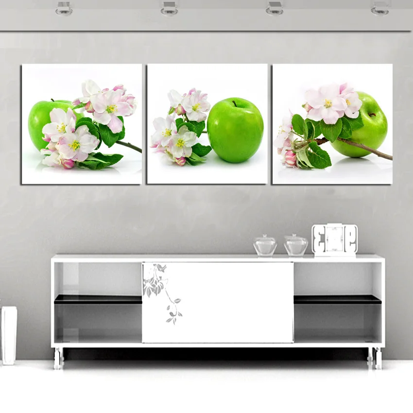 Домашний декор Картина на холсте 3 панели настенная живопись зеленое яблоко и