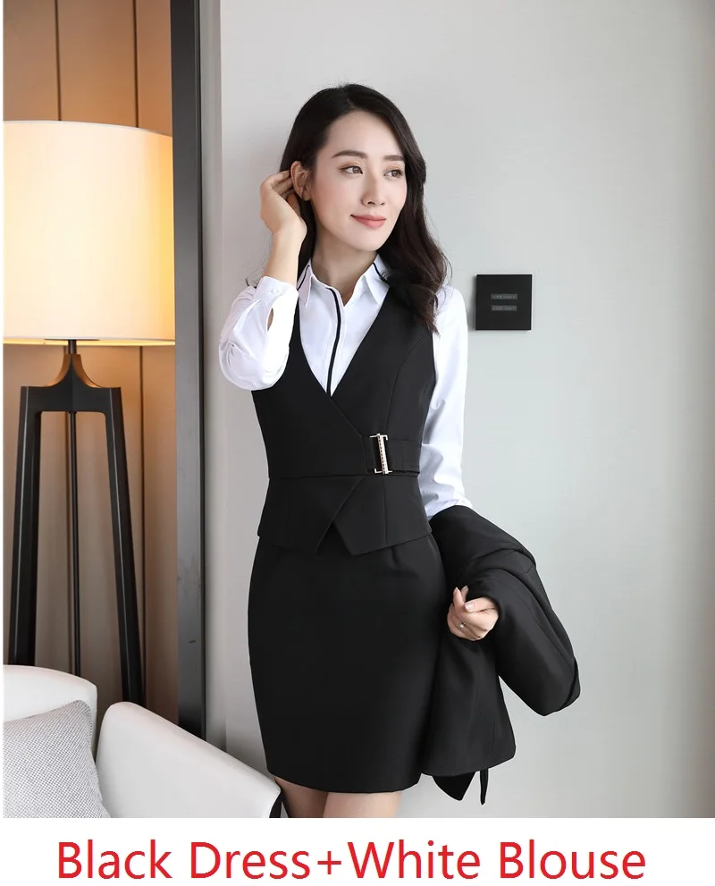 Black Dress Blouse Новая Профессиональная форма блейзеры с блузкой и платьем для женщин офисная Рабочая одежда салонные наряды красоты плюс размер красный - Цвет: Black Dress Blouse