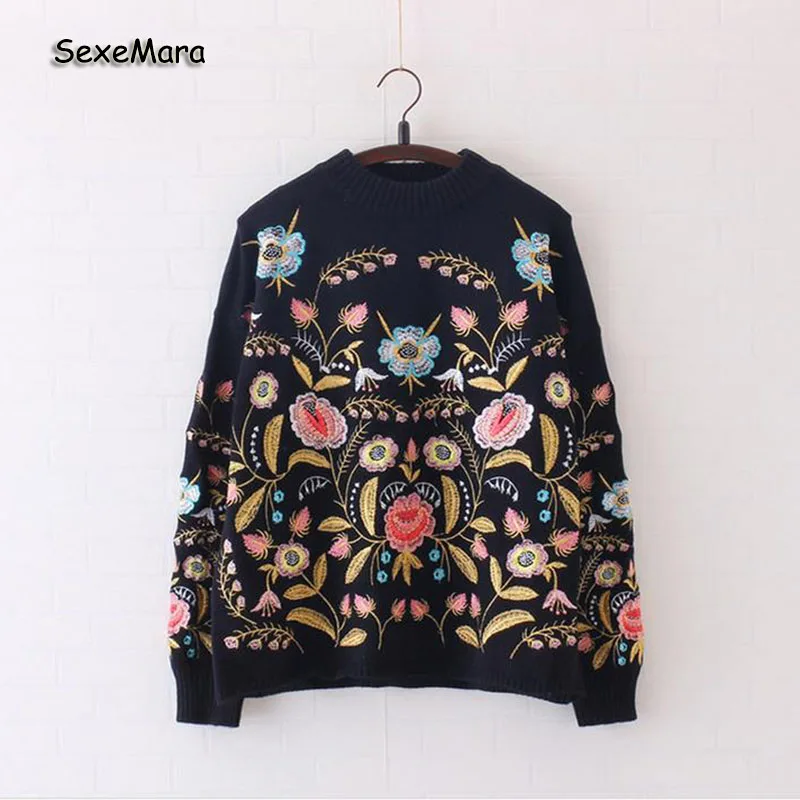 Новый 2017 Женщины Винтаж Вышивка Цветочные Мода Пуловер Свитер Свободные