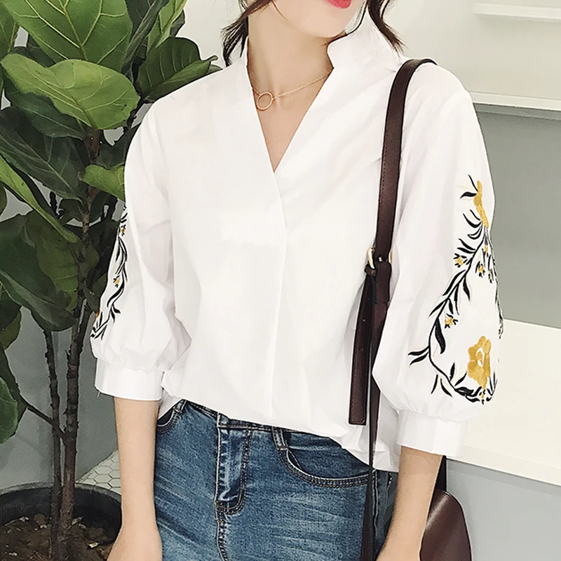 Кэрол Дневники Для женщин фонарь рукав вышитый цветок белая рубашка женская