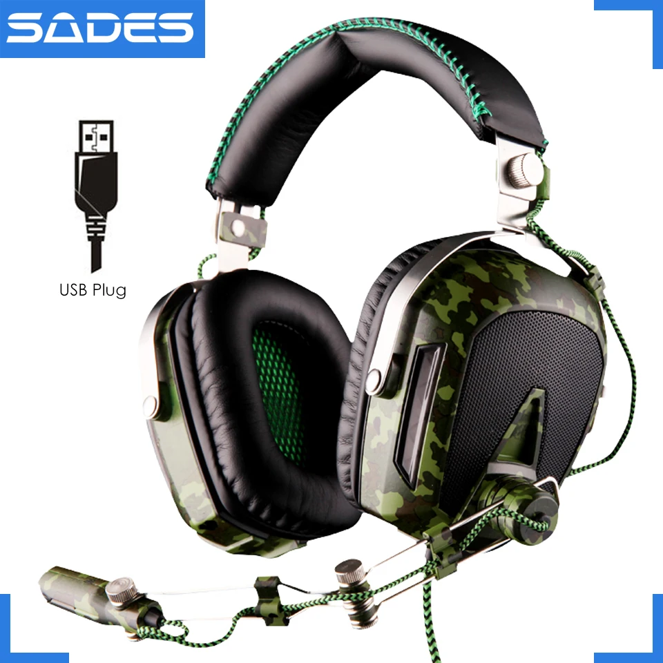 SADES A90 Pilot USB 7,1, игровые наушники с объемным звуком, гарнитура, 7 цветов, дыхательные огни для PC Gamer, камуфляж