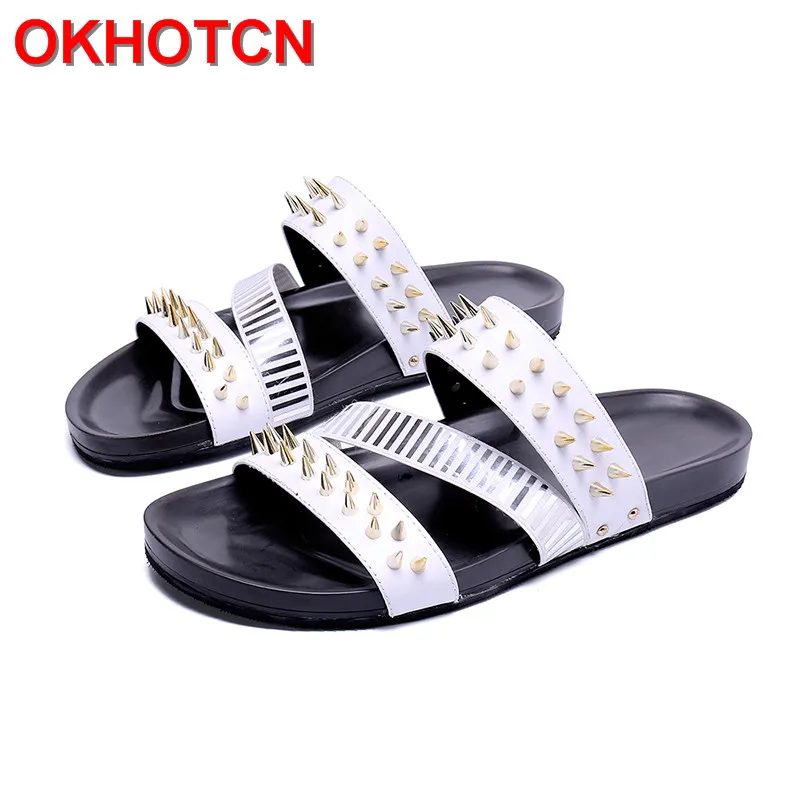 

Summer Slippers Men Big Size Genuine Leather Slippers Outside Rivets Straps Casual Beach Shoes New Black White Nice Flip Flops