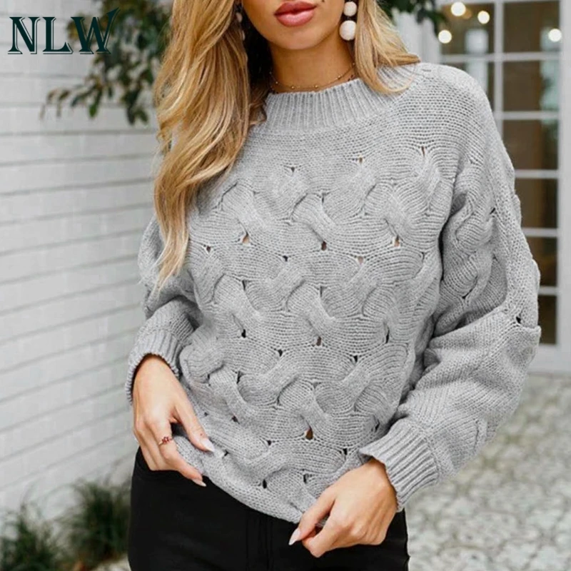 NLW O-Neck Sweater Women 2019 Autumn Winter Vintage Kintted Gray Solid Sweaters And Pullovers Casual Knitwear | Женская одежда