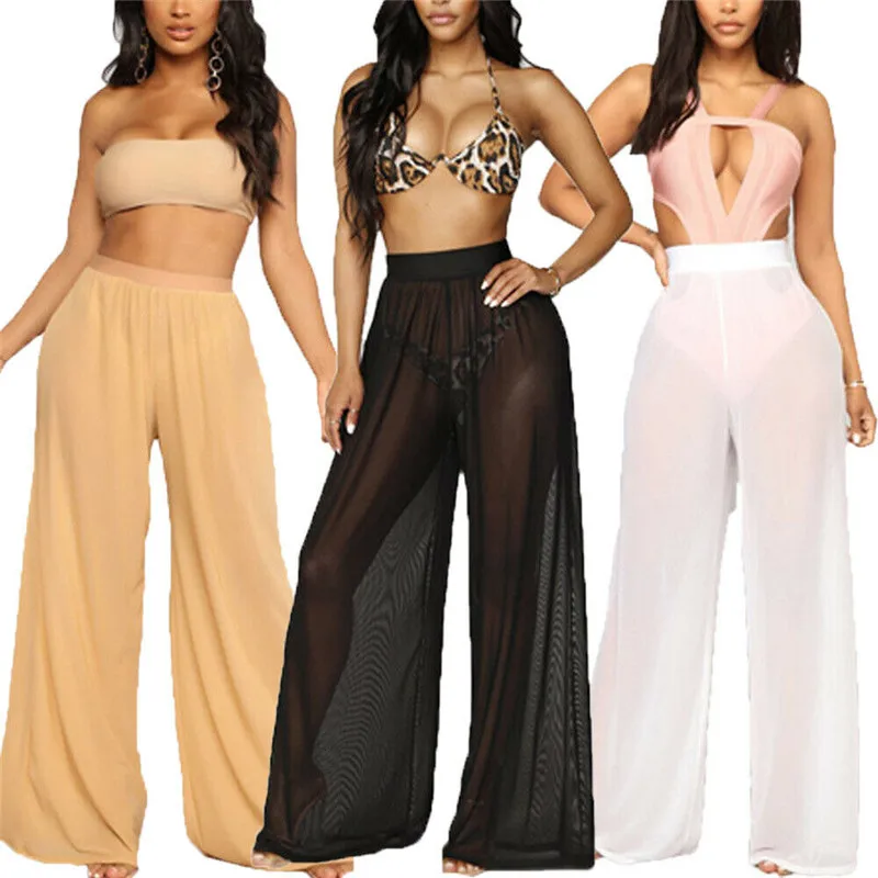 

Sexy Women Beach Mesh Sheer Wide Leg Pants Trousers Bikini Cover Up High Waisted Swimwear Black White S-XXL