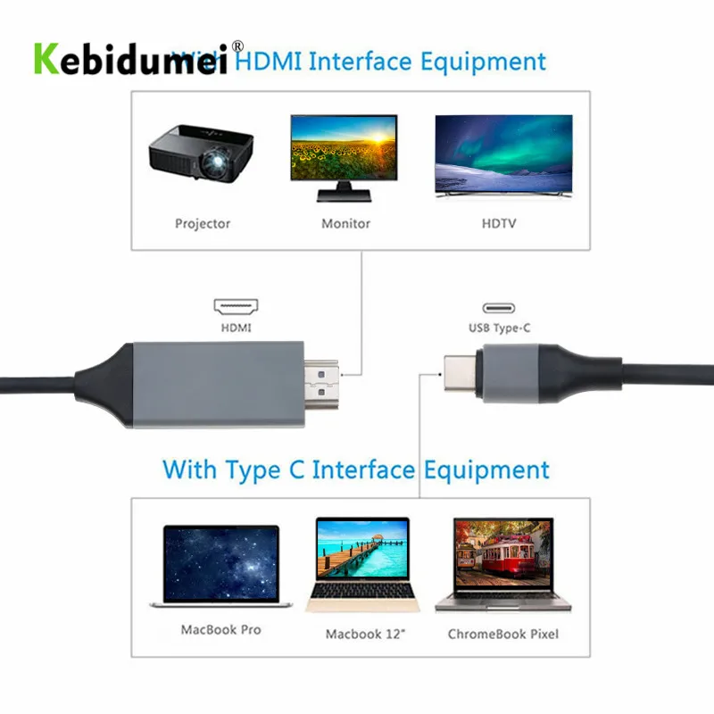 USB C адаптер Kebidumei 4K * 2K Type 3 1 Male кабель 2M 30Hz HD Удлинительный кабель/адаптер для Macbook