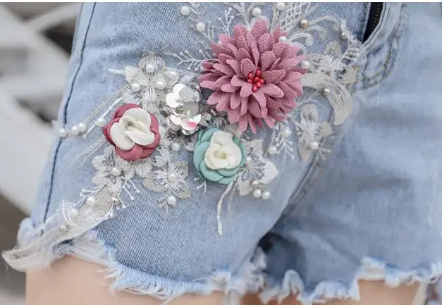 

Summer Fashion Womens Female High Waisted Pearls Flower Denim Shorts , Womans Lady Tassel Ripped Embroidery Slim Jeans Shorts