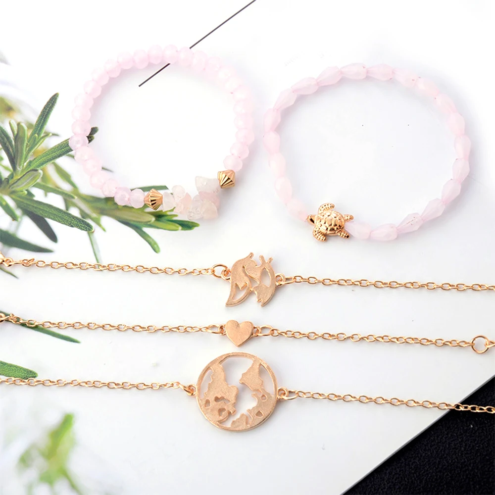 5 шт./компл. богемный ретро браслет с картой мира Персиковое сердце черепаха