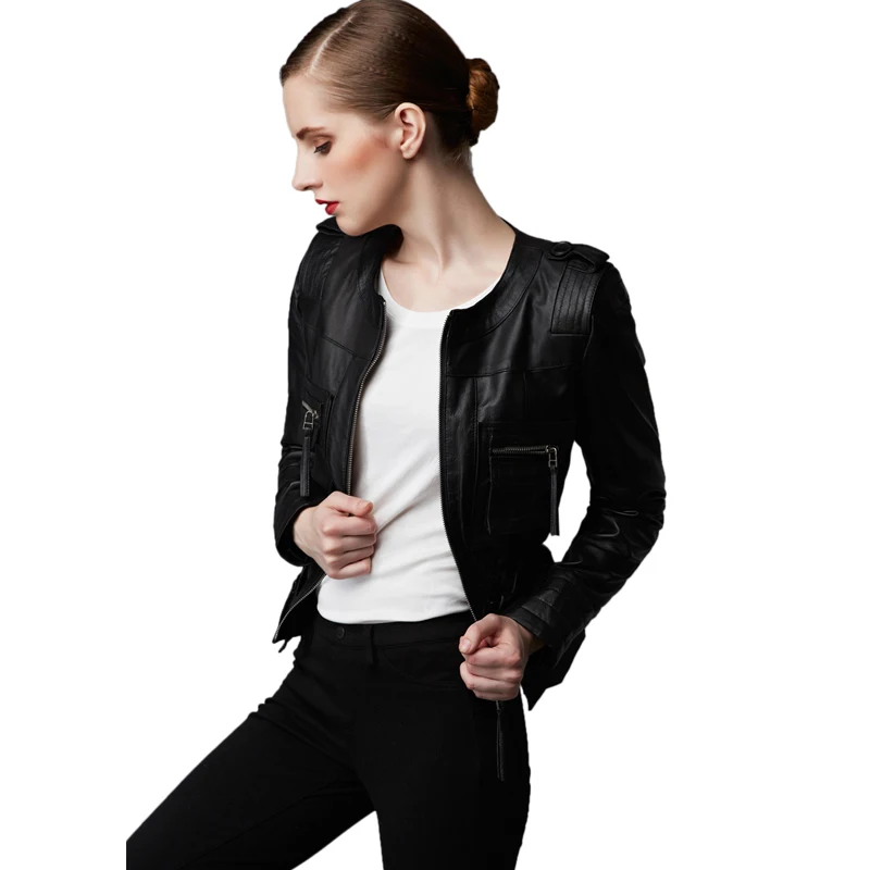 Женская кожаная куртка MAPLESTEED черная/красная облегающая из овчины на весну и