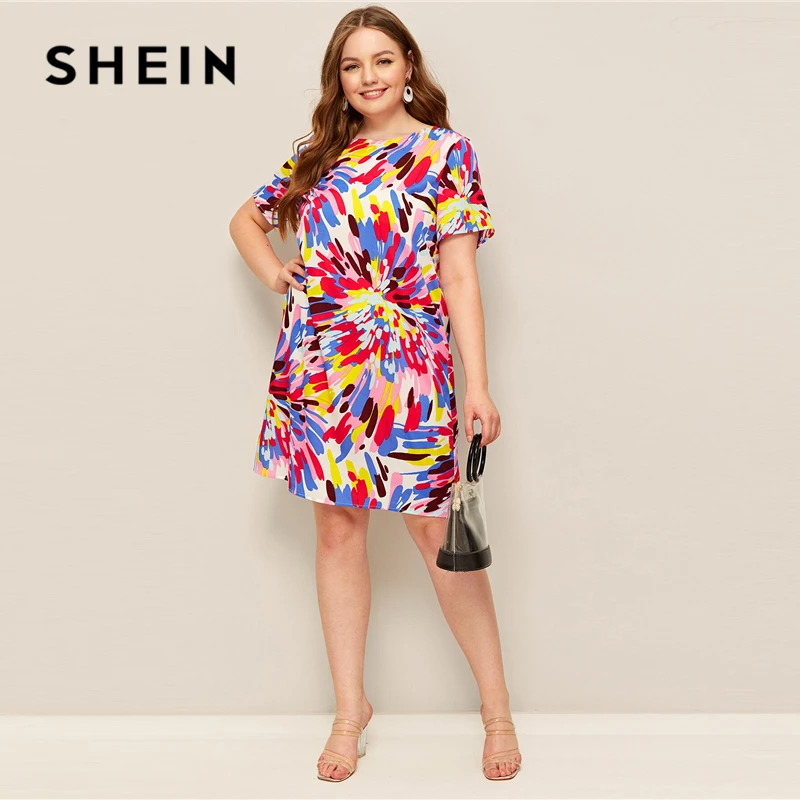 SHEIN Разноцветное Платье Размера Плюс С Принтом Женское Летнее Многоцветное Повседневное Платье С Короткими Рукавами И Круглым Вырезом