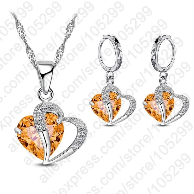 

Hearts Crystals Pendants Necklace And Earrings 9 Colors Available 925 Sterling Silver Bridal Wedding Jewelry S