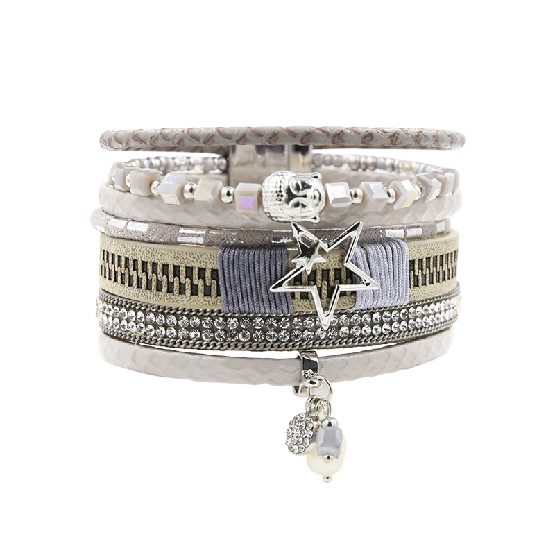 Женский браслет из искусственной кожи многорядный стразы с головой Будды и