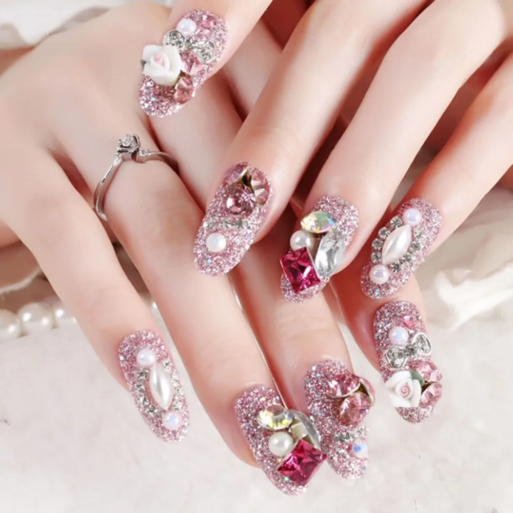 

24Pc Rhinestone False Nails Bride Wedding Party Fake Nail Luxury Nail Art Faux Ongles Lady Full Nail Tip Patch with Glue Sticker