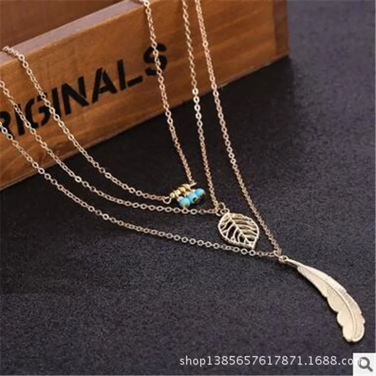 Женское многослойное ожерелье-чокер с подвеской в виде листа | Украшения и