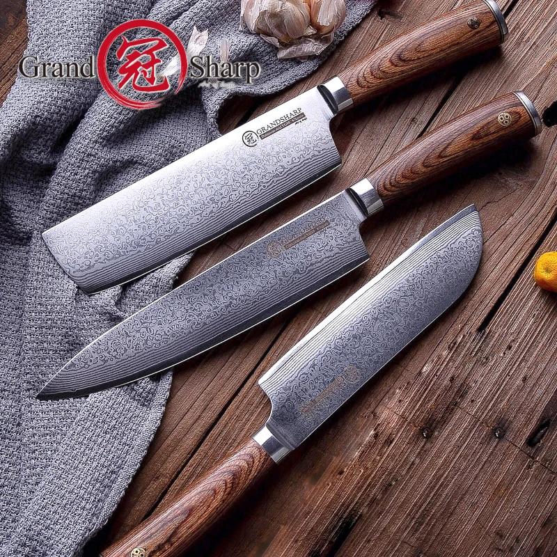 3 шт. наборы кухонных ножей VG10 японский Дамасская сталь шеф-повара Santoku Nakiri Дамасские кухонные ножи инструменты Подарочная коробка Grandsharp