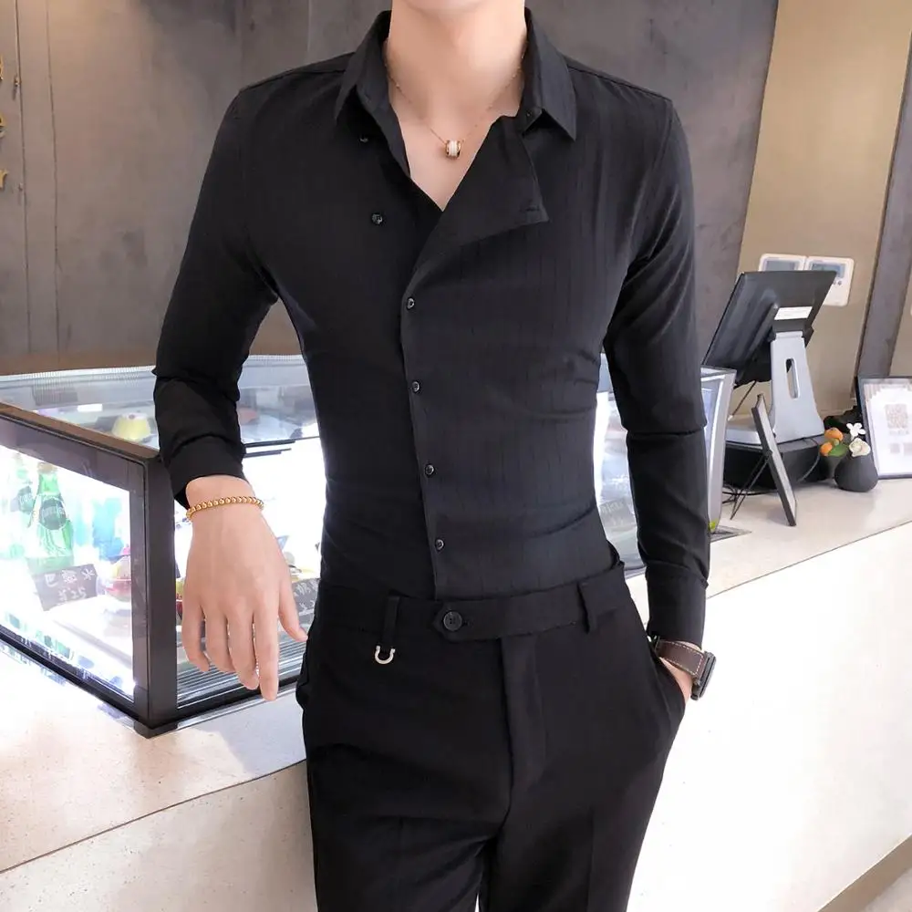 Высокое качество Нерегулярные кнопки сплошной цвет рубашка платье Slim Fit Мужские