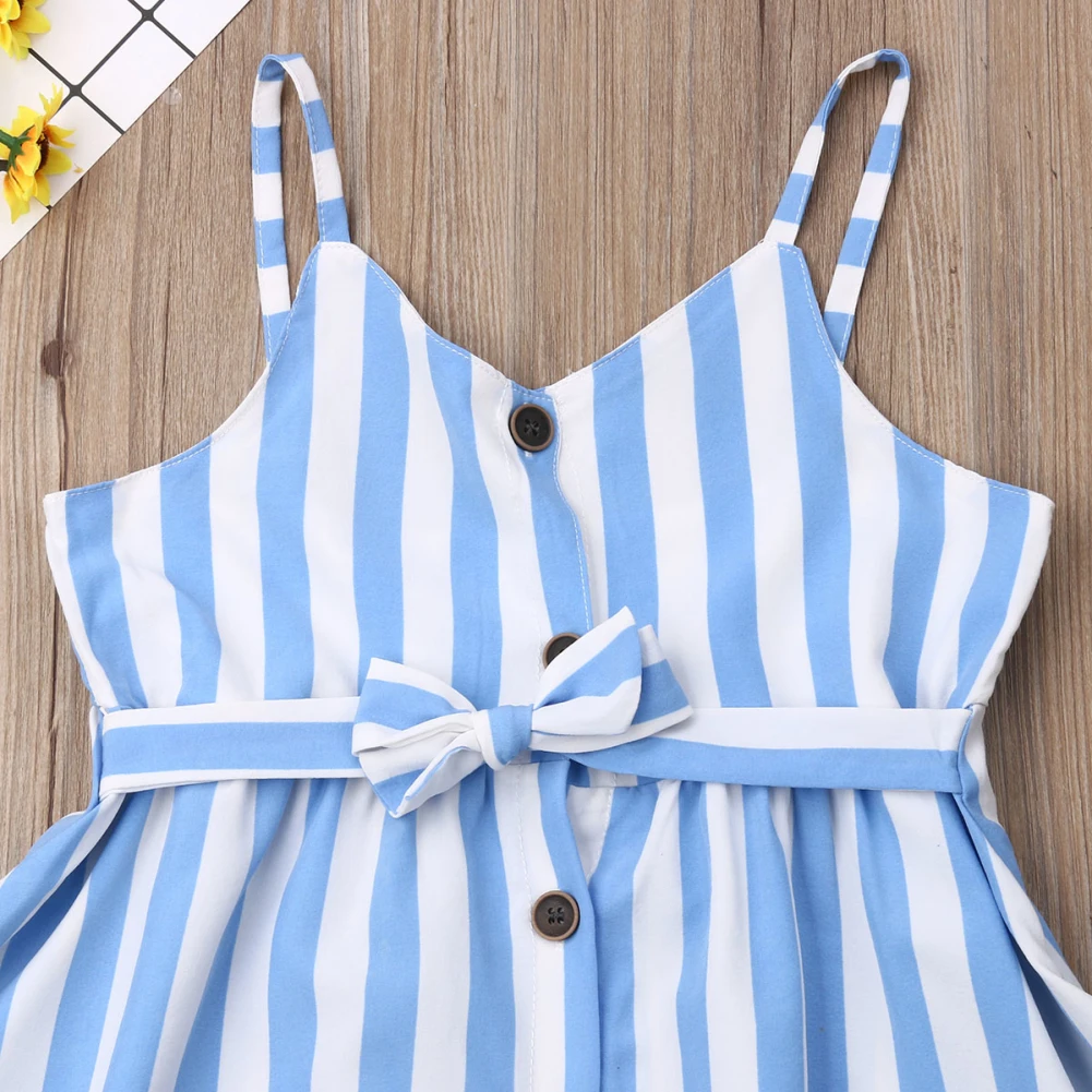 Baby Summer Clothing Toddler Kid Baby Girl Stripe Dress Sleeveless Button Mini Dress Casual Sash Clothes Set 2-7T