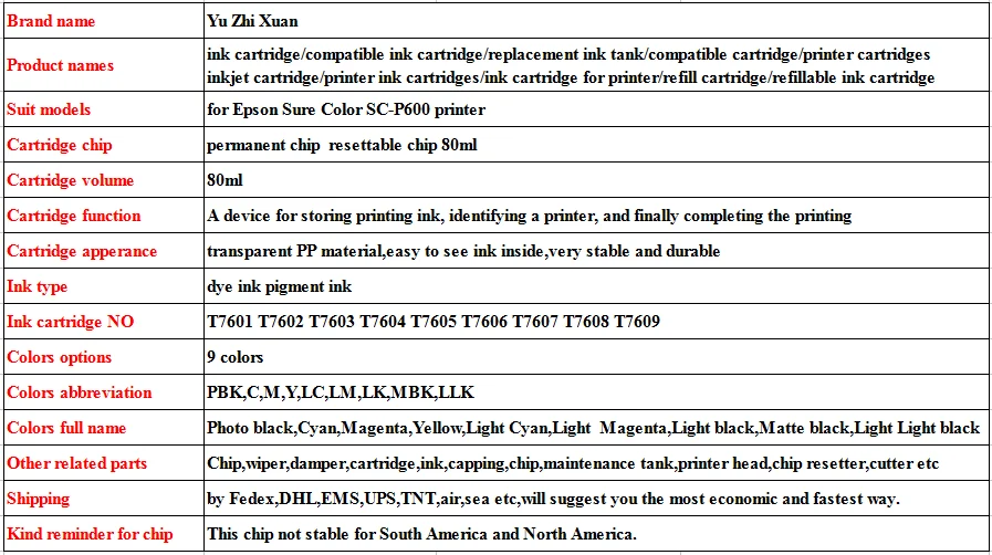 Yu Zhi Xuan! 1 Набор T7601-T7609 80 мл Заправляемый чернильный картридж с чипом