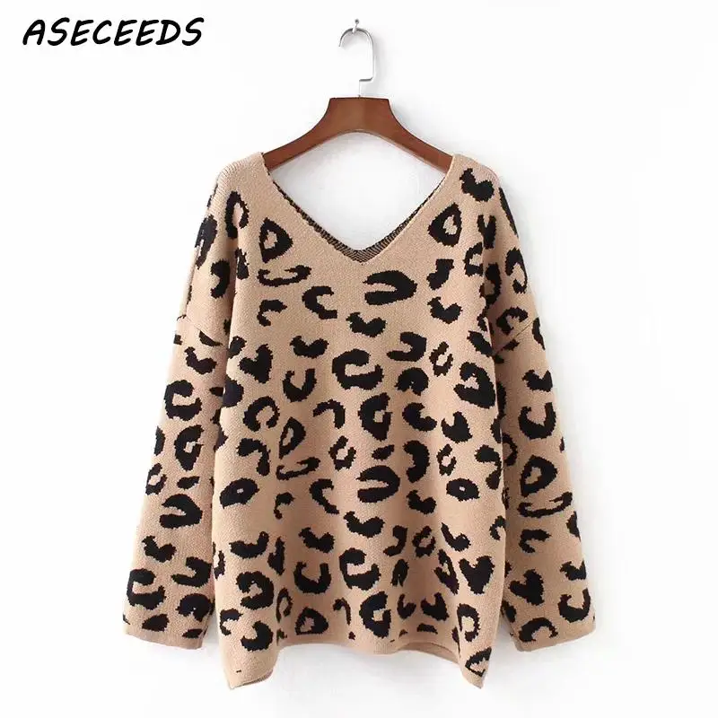 2019 осенний винтажный свитер с леопардовой раскраской Женский пуловер harajuku