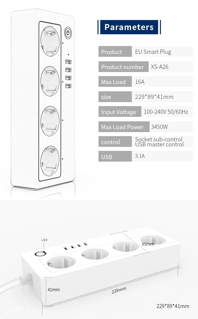 ASEER EU Smart Wifi Power Strip 16A,4 USB Port Surge Protector Multiple Power Sockets 3450W,Work with Alexa Google Home IFTTT