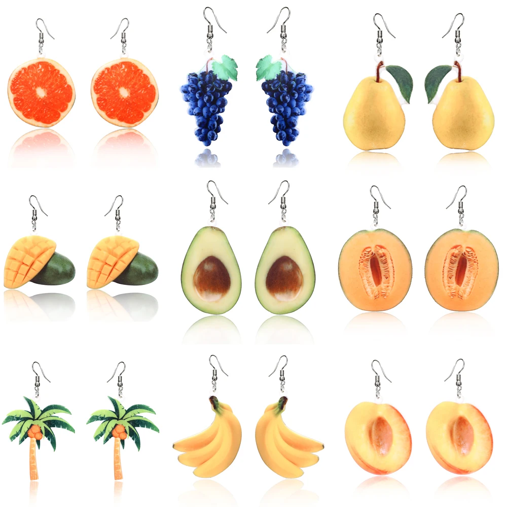 

Fruit earrings Food Dangle Orange Drop Earrings for women girl Acrylic Peach Earring Grape coconut tree Mango Cantaloupe Jewelry