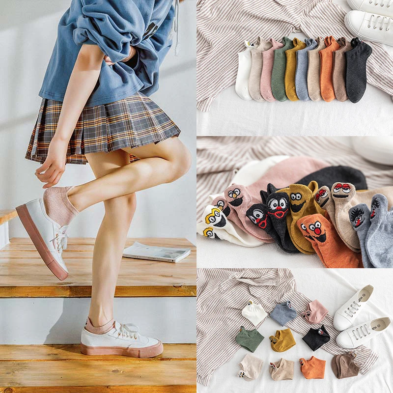 5 пар/партия, женские носки с вышивкой Kawaii Happy Fashion, забавные Женские носочки, хлопковые летние яркие цвета