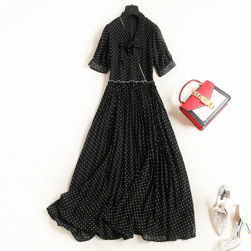 Шифоновое платье в горошек с v образным вырезом и коротким рукавом пляжное