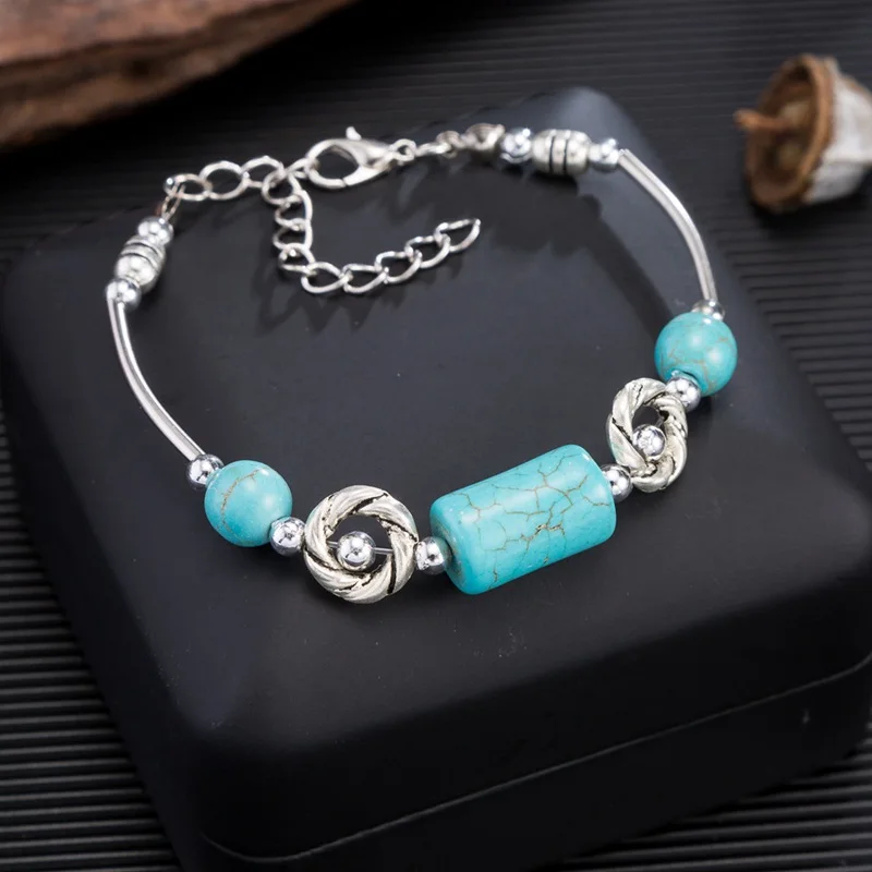 Женский винтажный браслет с голубым камнем Серебристый из сплава 2018|Браслеты