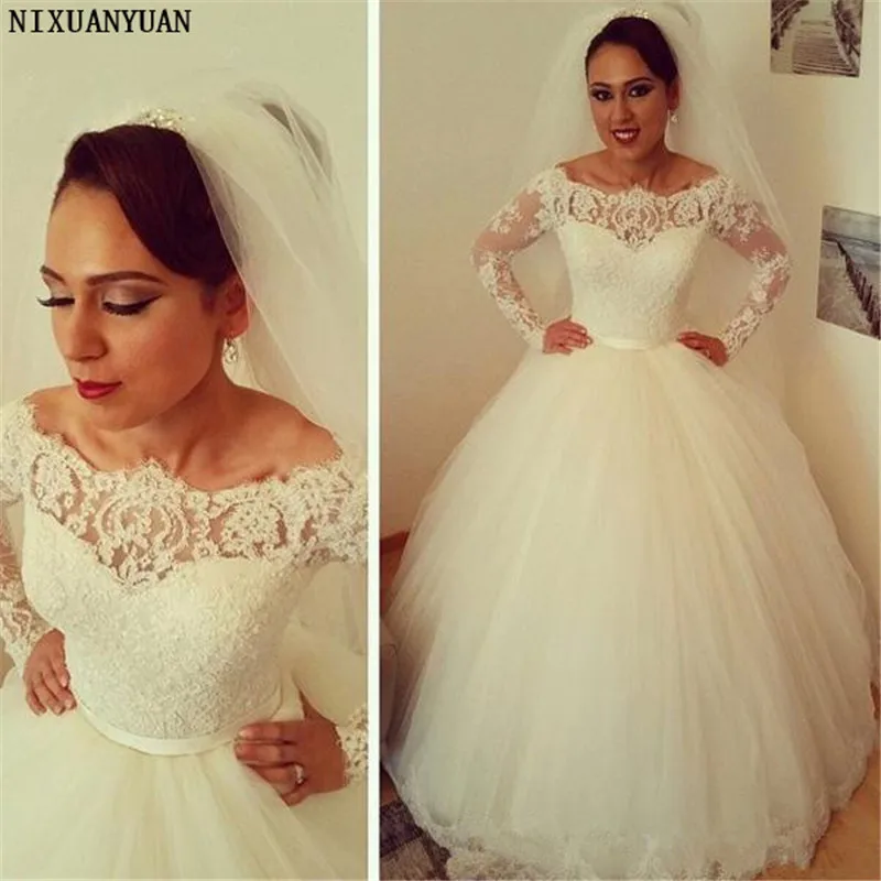 Gorgeous Arabic Ball Gown Wedding Dress African Illusion Bateau Neckline Long Sleeve Bridal Gowns Lace Appliques Tulle Brides | Свадьбы и