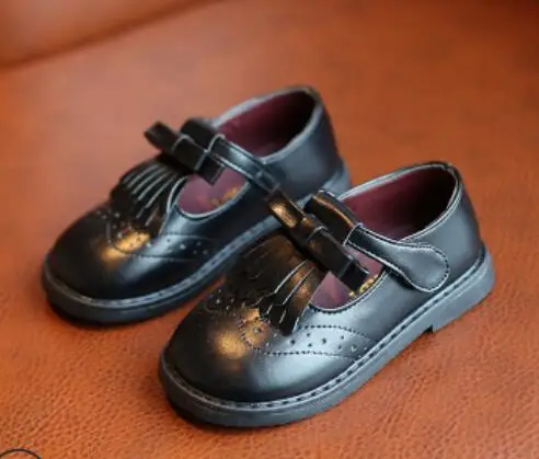 New Children Toddler Baby Litte Girls England Korean T-shaped Bow Princes Dress Shoes For Girls Spring Black Leather Shoes - Цвет: black