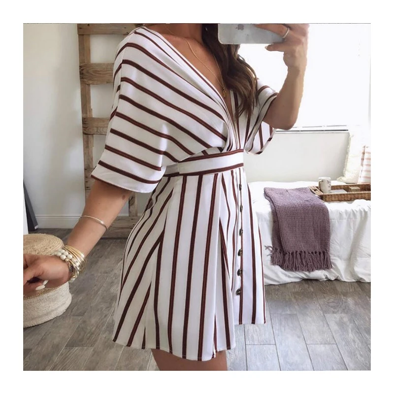 Женское Полосатое летнее платье с оборками на воротнике 2019 года повседневное