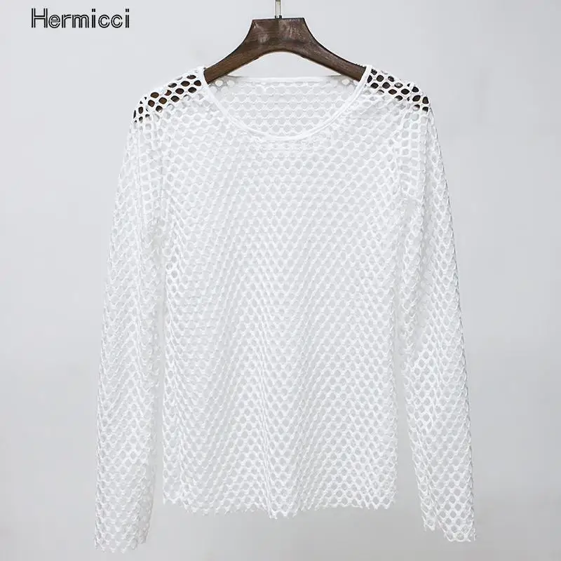 Модная женская сексуальная черная прозрачная сетчатая рубашка Hermicci свободная