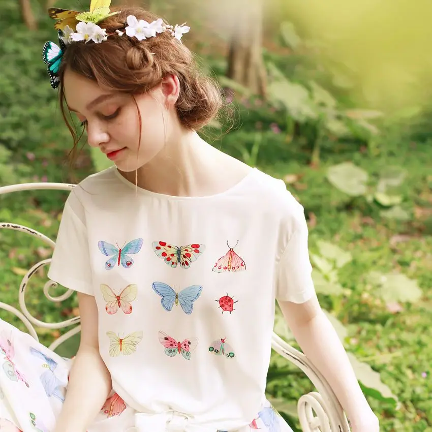 

LYNETTE'S CHINOISERIE Summer Original Design Women High Quality Butterfly digital print chiffon patchwork cotton white t-shirt