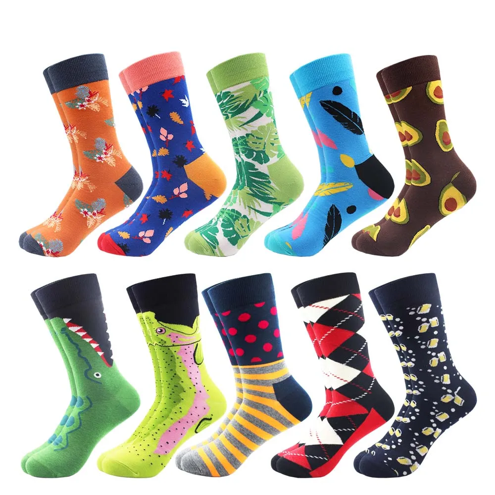 10 Pairs/lot Men's Colorful Striped Dot Combed Cotton Socks Funny Multi Set Dress Casual Crew Socks Happy Skateboard Socks