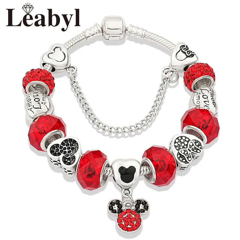 L80912 Милое платье принцессы с красной эмалью, браслет Minnie, серебряный замок, браслет из бисера, сделай сам, муранский кристалл, очаровательный браслет, браслеты для девочек - Metal Color: L80912