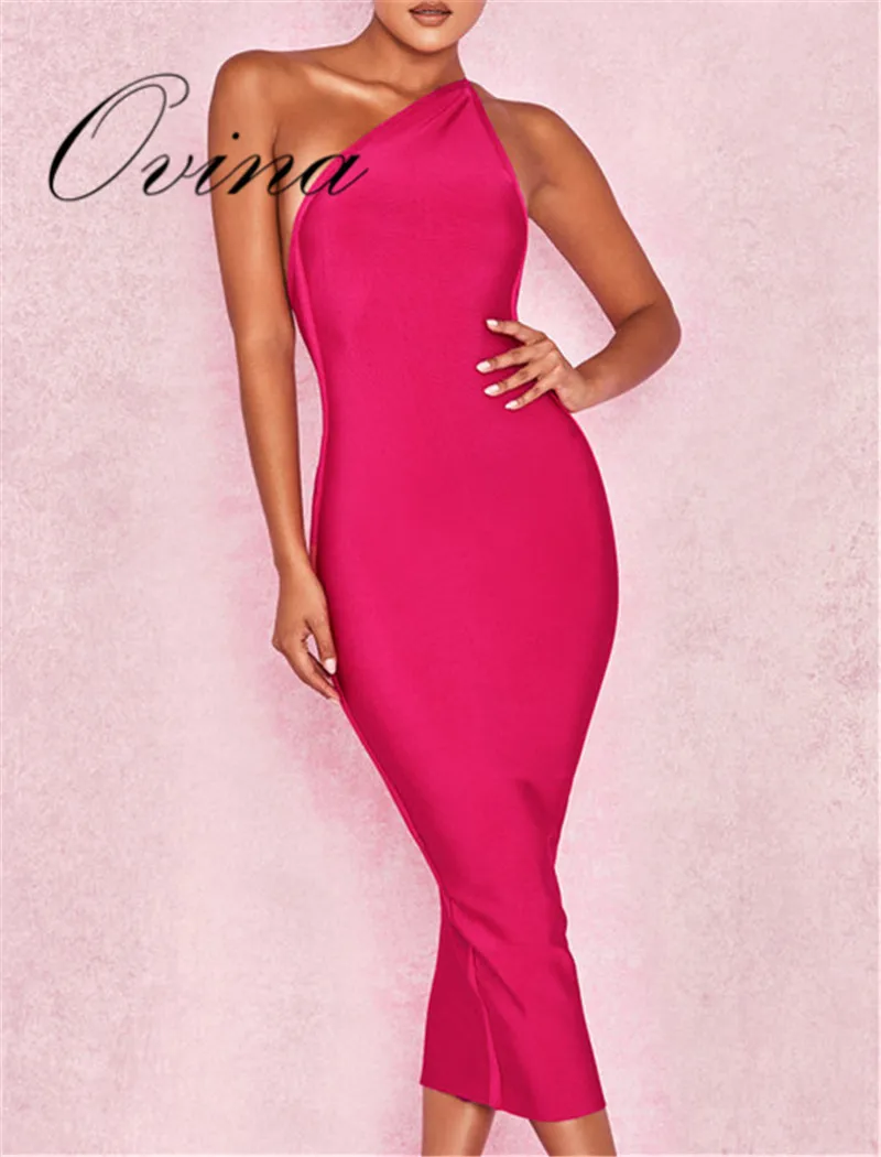 

Fashion Women's Dresses One Shoulder Backless Mid Calf Bandage Dress Evening Party Dress