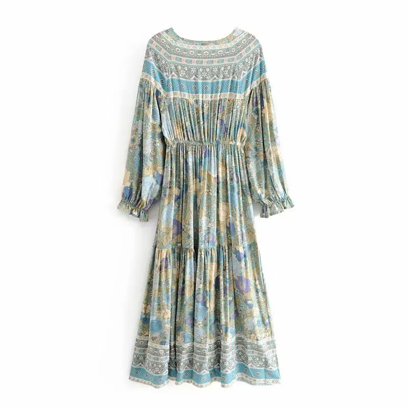 Green Women Turquoise Amethyst summer dress V-neck elastic waist sleeve gypsy long holiday chic women party wear | Женская одежда