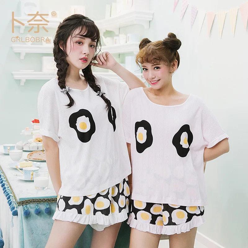 Летние омлет ситец круглый воротник из двух частей пижамы для дам в свободные