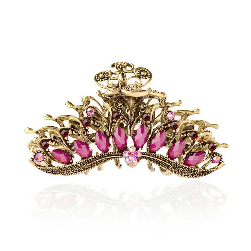 Morkopela Big Metal Hair Claw Crab Vintage Rhinestone Hair Clip Accessories Retro Flower Hair Claws For Women Banquest Jewelry